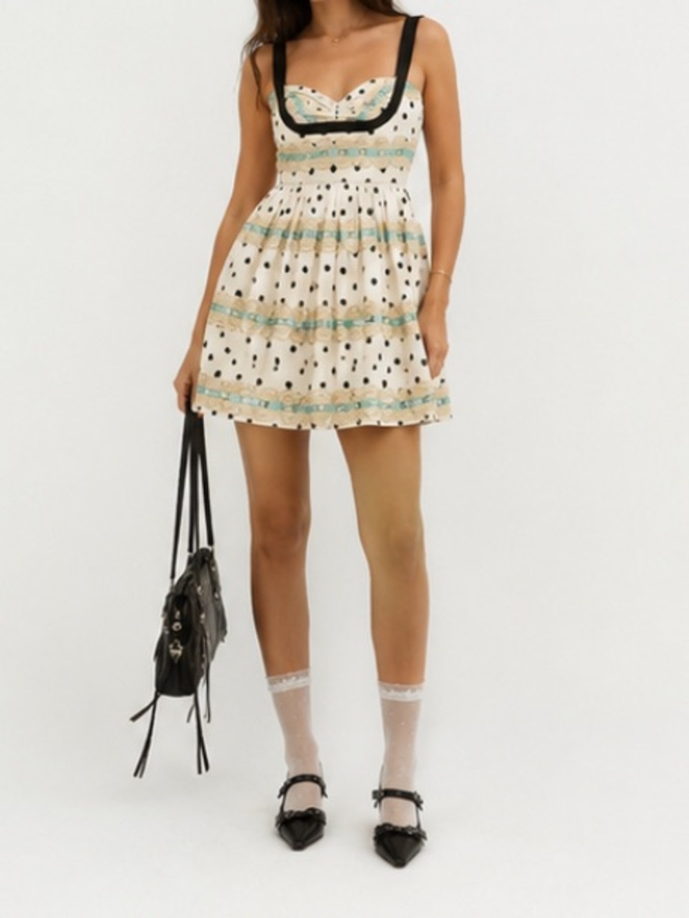 Betsey Johnson Cream Polka Dot Mini Dress with Black Trim and Mint Accents